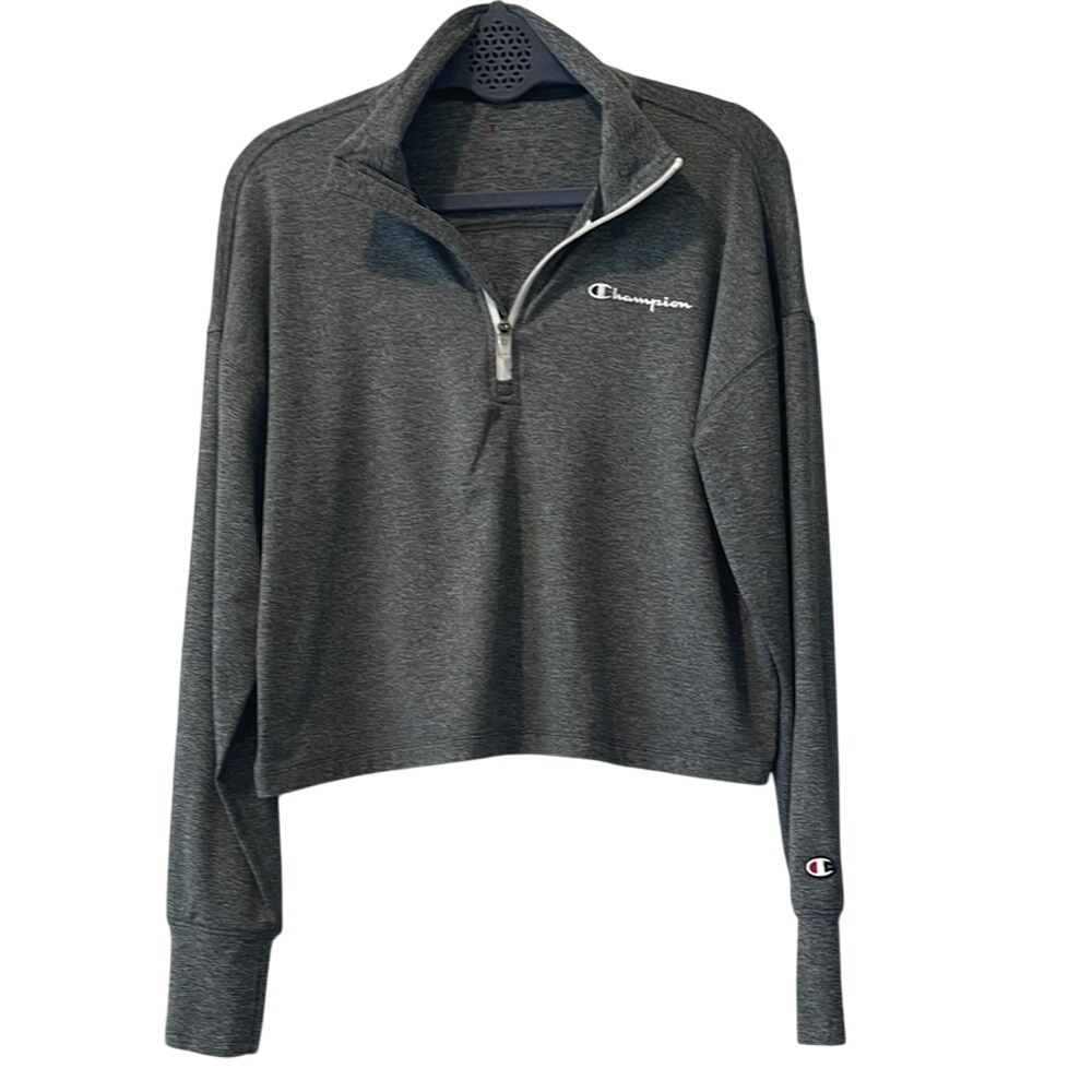 Champion Women's Cropped Gray Long Sleeve Quarter-Zip Top Pullover Medium‎